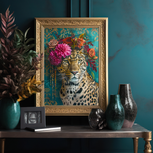 Crowned Queen – Leopard in Maximalist Floral Headpiece Print