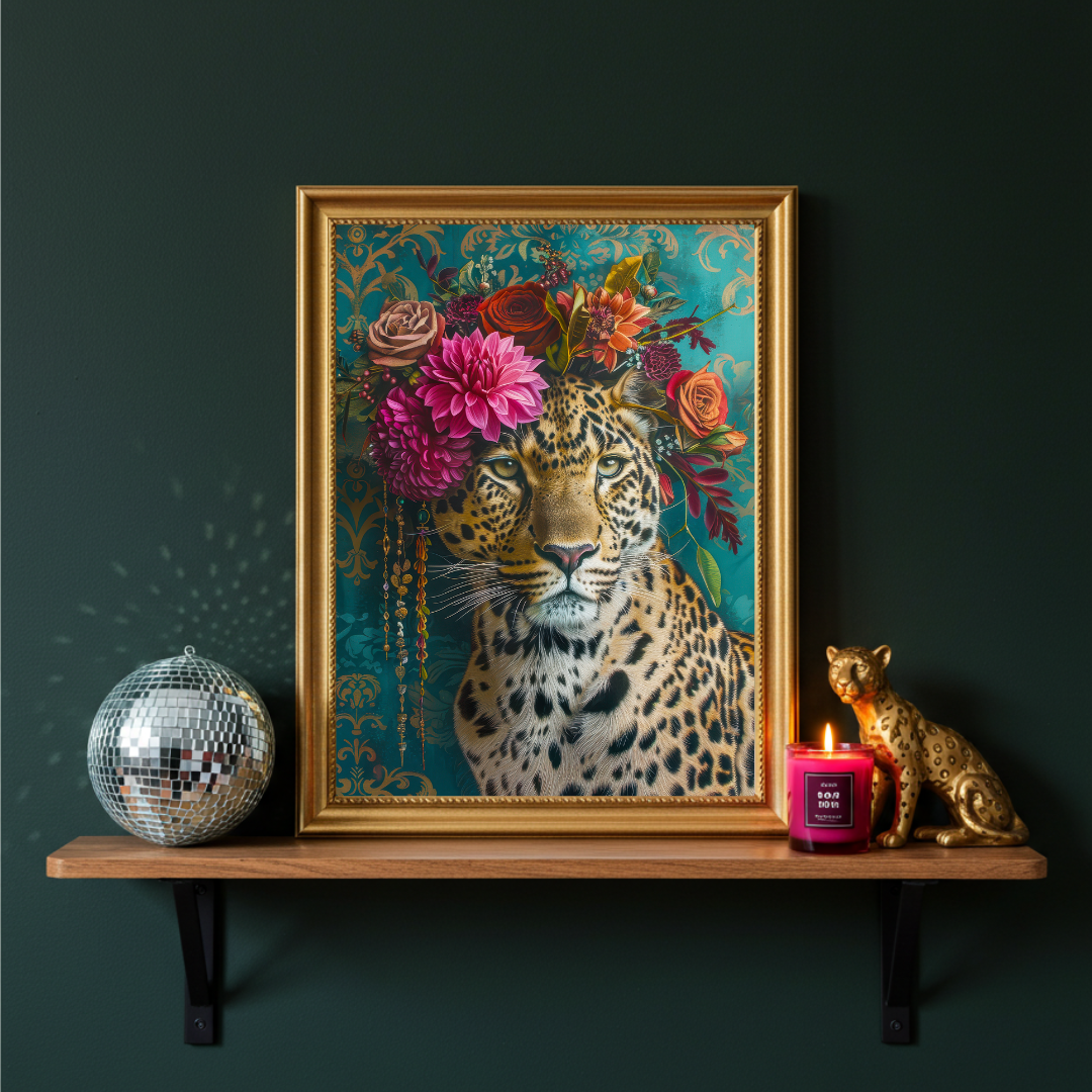Crowned Queen – Leopard in Maximalist Floral Headpiece Print