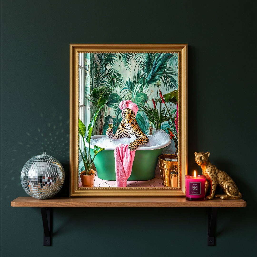 Leopard in the Bath – Glam Jungle Bathroom Wall Art