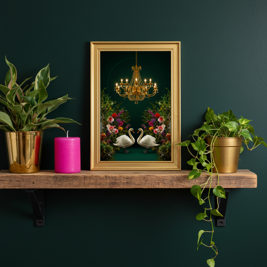 Regal Garden – Maximalist Swan & Chandelier Print