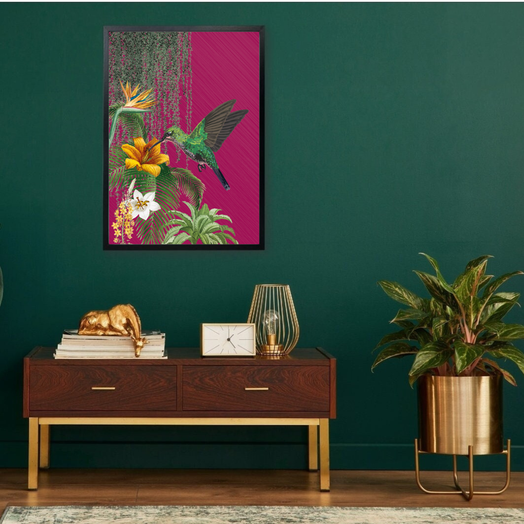 Tropical Hummingbird – Dark Pink Jungle Wall Art