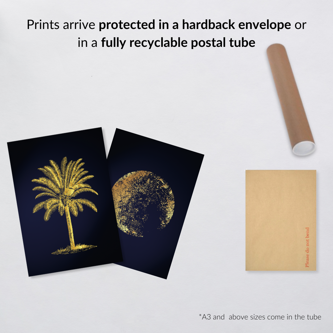 Midnight Luxe – Navy & Gold Moon + Palm Tree Print Set