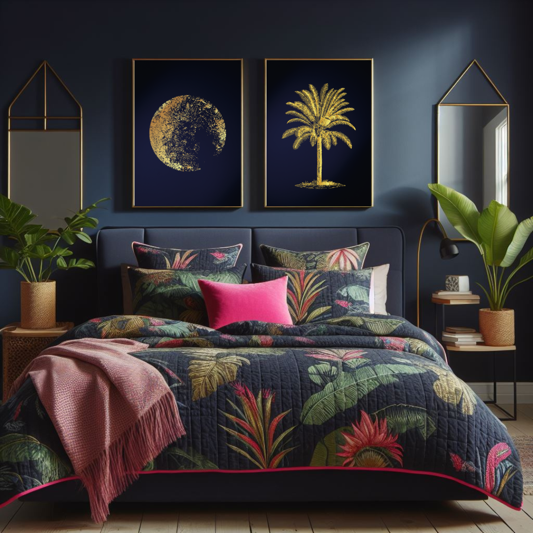 Midnight Luxe – Navy & Gold Moon + Palm Tree Print Set