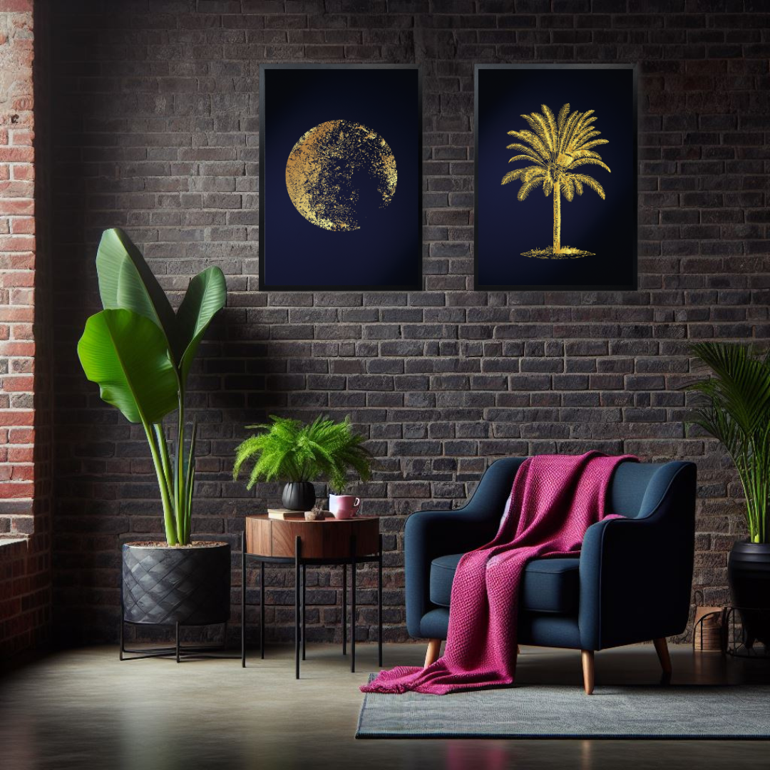 Midnight Luxe – Navy & Gold Moon + Palm Tree Print Set