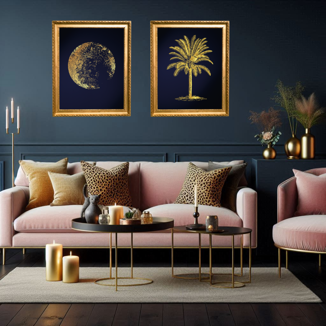 Midnight Luxe – Navy & Gold Moon + Palm Tree Print Set