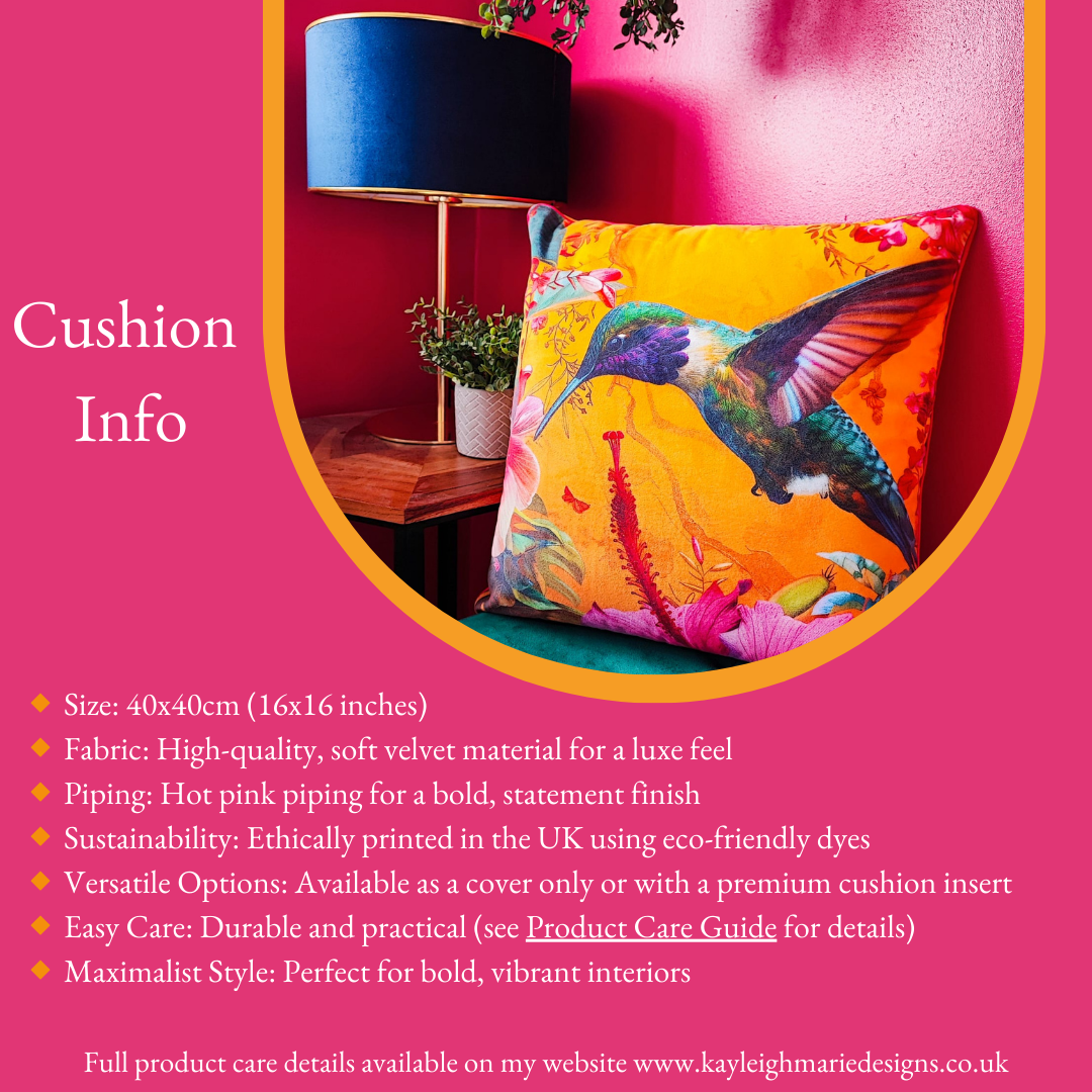 Tropical Hummingbird Cushion – Mustard Yellow Velvet with Hot Pink Piping
