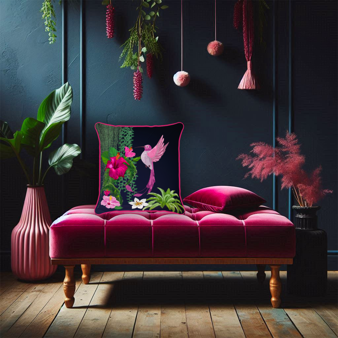 Pink Hummingbird Paradise Cushion – Midnight Jungle with Hot Pink Piping