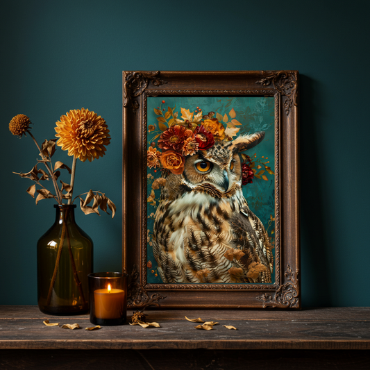 Autumn Owl Art Print – Jewel Toned Teal with Floral Crown