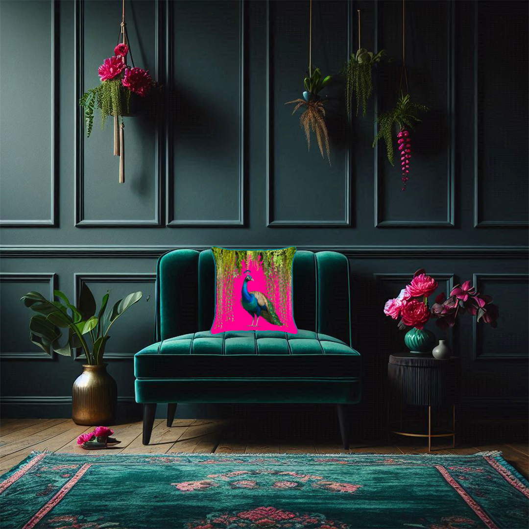 Peacock Paradise Cushion – Hot Pink Opulence with Teal Piping