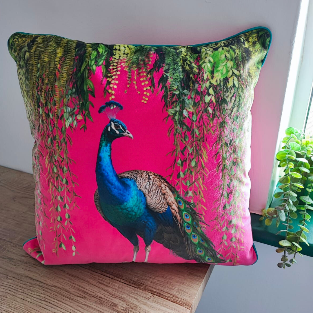Peacock Paradise Cushion – Hot Pink Opulence with Teal Piping