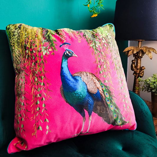 Peacock Paradise Cushion – Hot Pink Opulence with Teal Piping