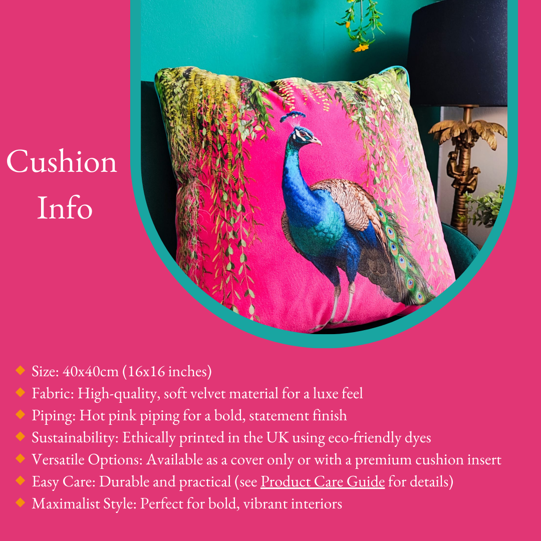 Peacock Paradise Cushion – Hot Pink Opulence with Teal Piping