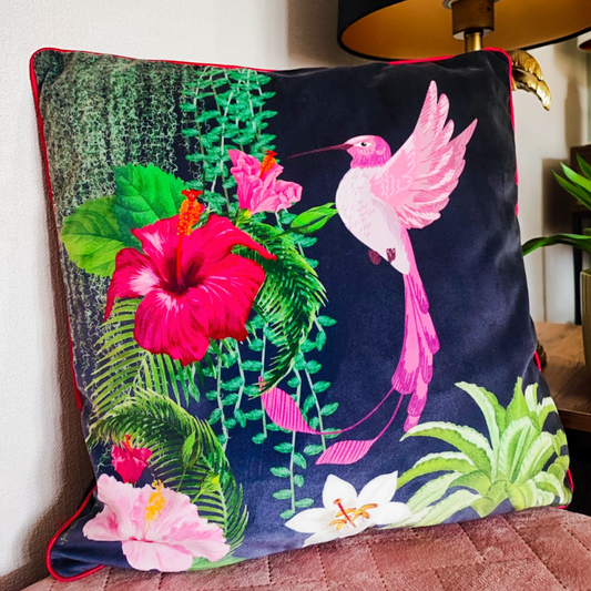 Pink Hummingbird Paradise Cushion – Midnight Jungle with Hot Pink Piping