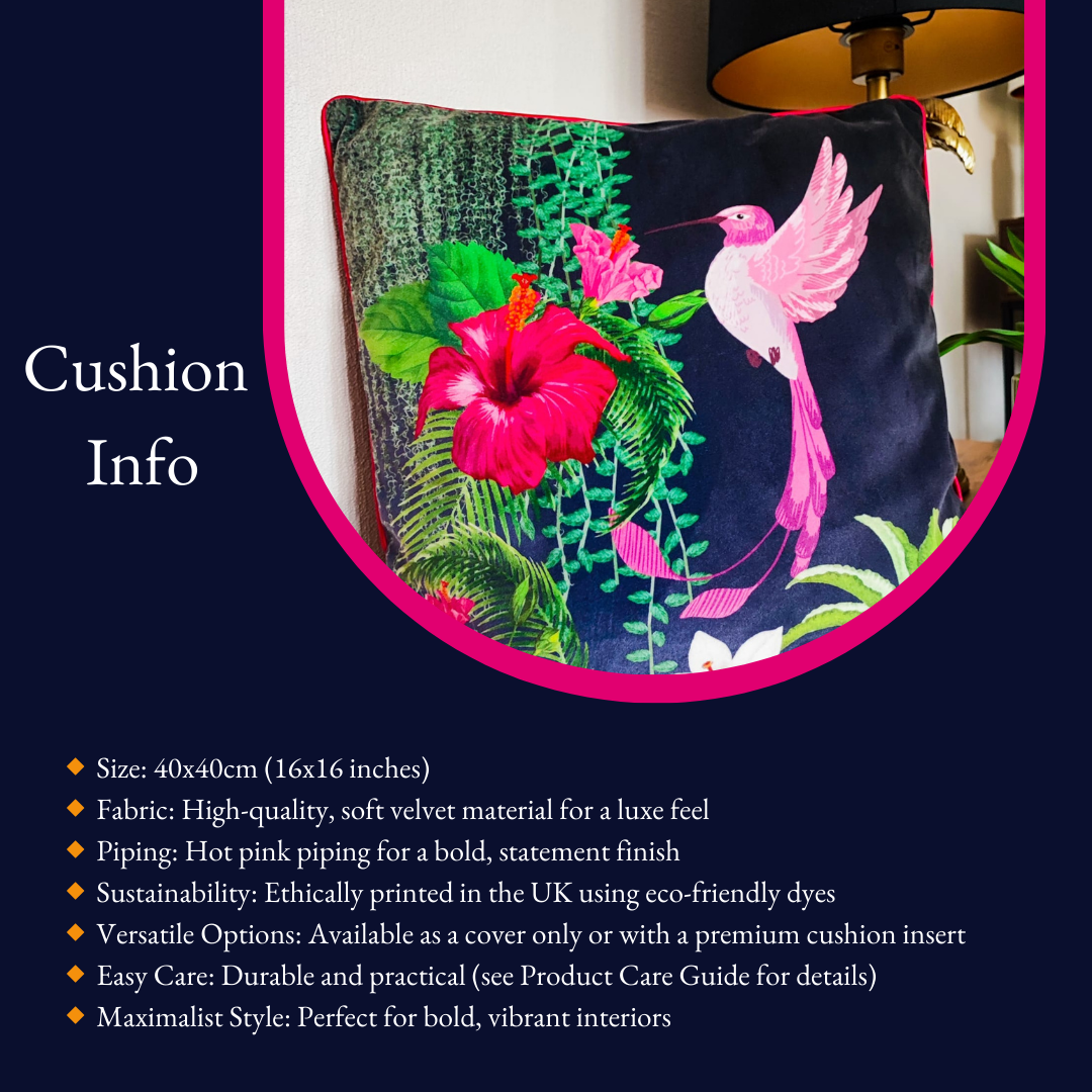 Pink Hummingbird Paradise Cushion – Midnight Jungle with Hot Pink Piping