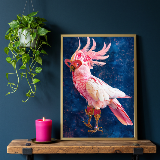 Pink Cockatoo in Heart Sunglasses – Glam Maximalist Bird Wall Art