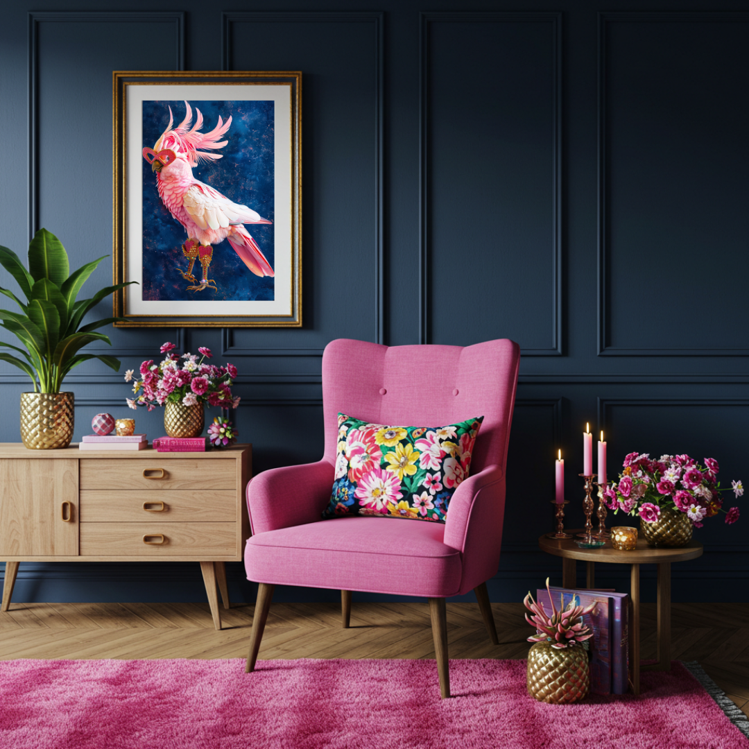 Pink Cockatoo in Heart Sunglasses – Glam Maximalist Bird Wall Art