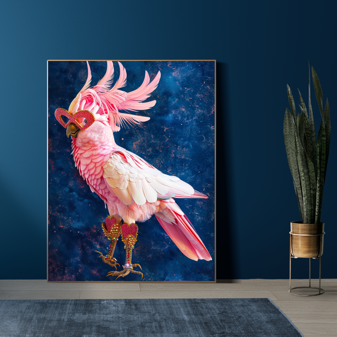 Pink Cockatoo in Heart Sunglasses – Glam Maximalist Bird Wall Art