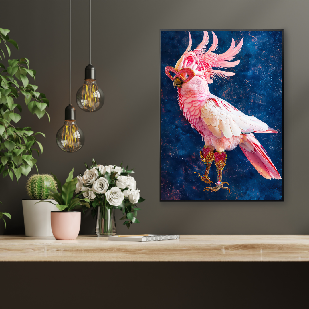 Pink Cockatoo in Heart Sunglasses – Glam Maximalist Bird Wall Art