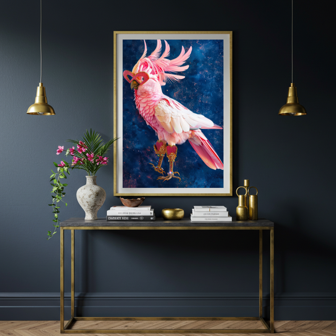 Pink Cockatoo in Heart Sunglasses – Glam Maximalist Bird Wall Art