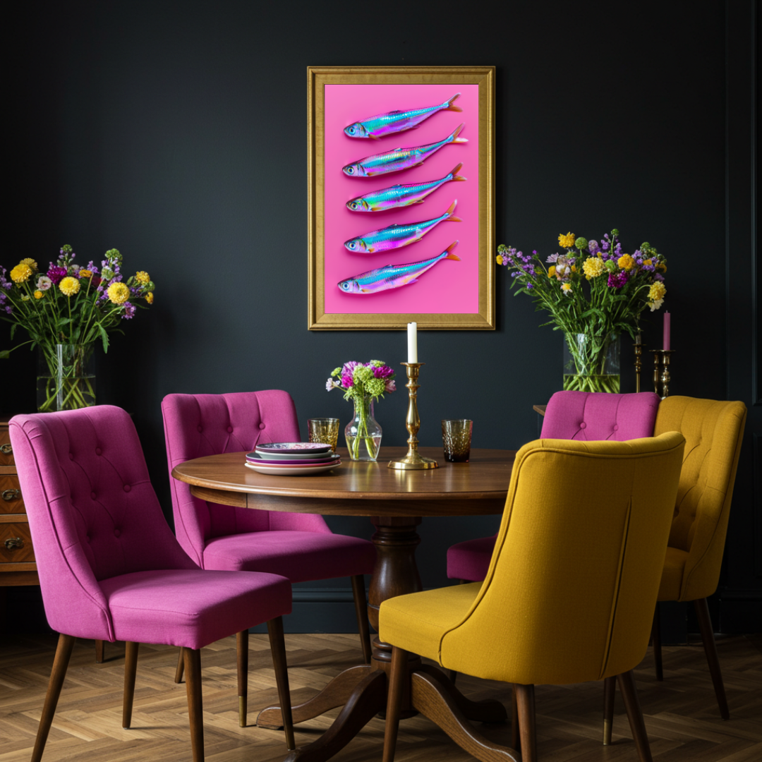 Disco Sardines – Iridescent Fish Wall Art on Hot Pink