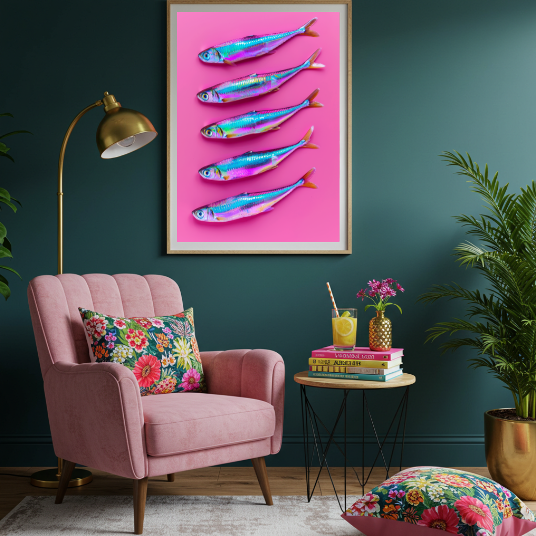Disco Sardines – Iridescent Fish Wall Art on Hot Pink