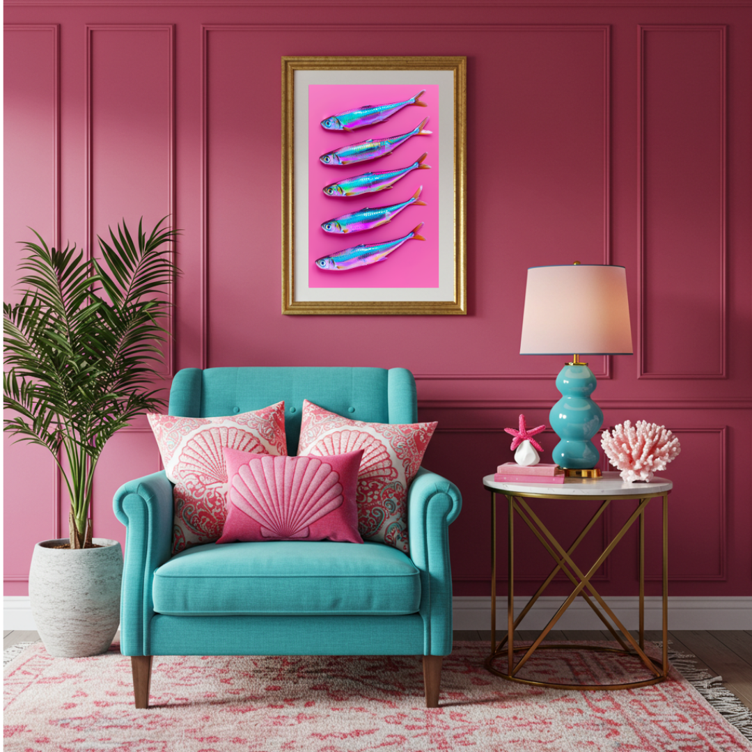 Disco Sardines – Iridescent Fish Wall Art on Hot Pink