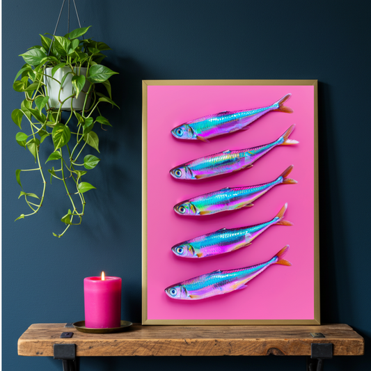 Disco Sardines – Iridescent Fish Wall Art on Hot Pink