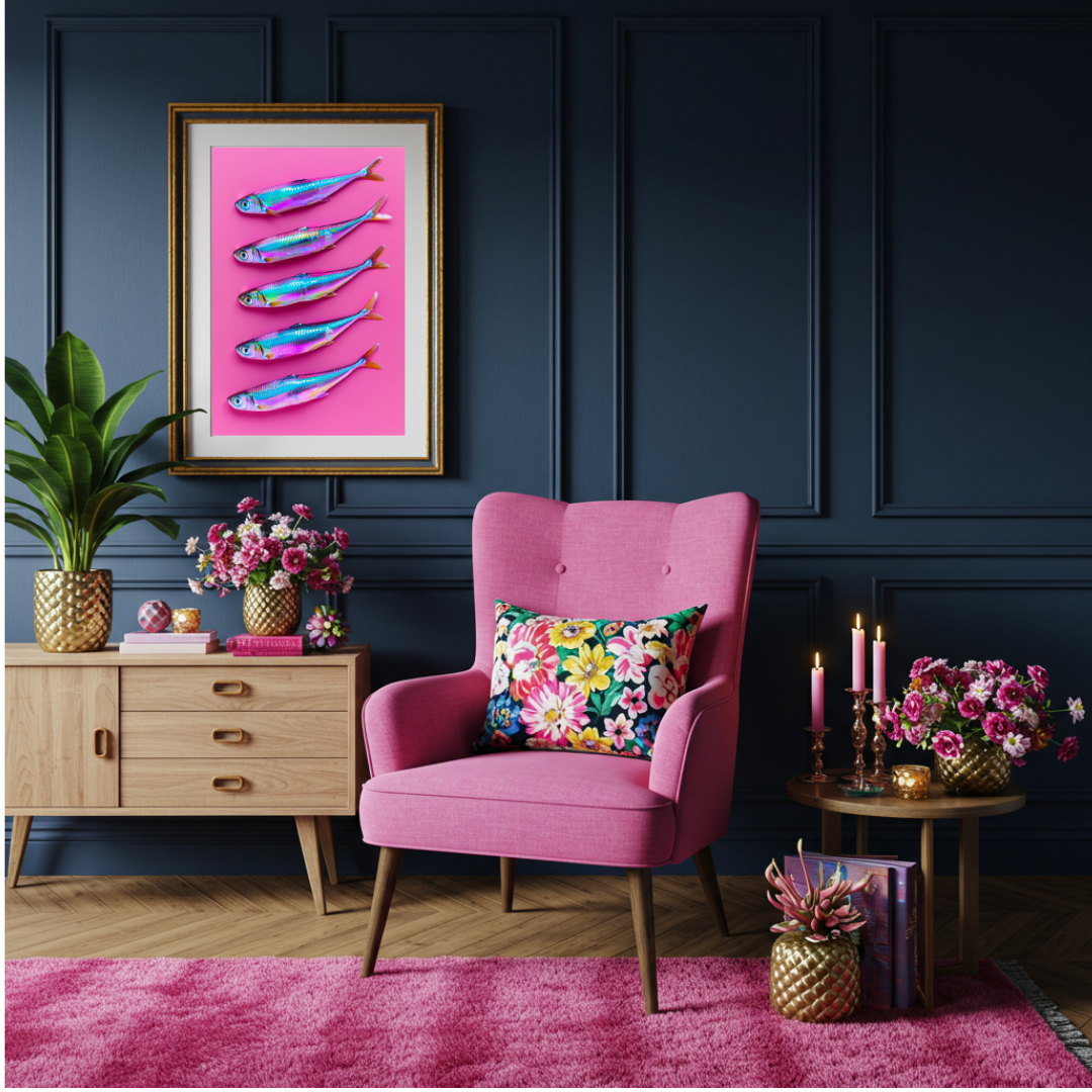Disco Sardines – Iridescent Fish Wall Art on Hot Pink