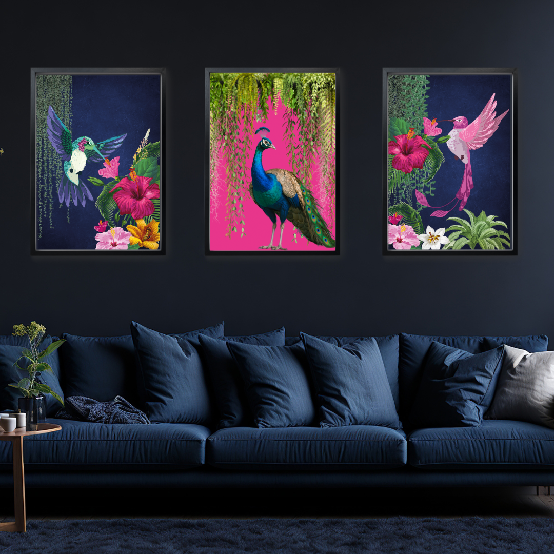 Set of 3 Vibrant Tropical Birds – Maximalist Luxe Wall Art