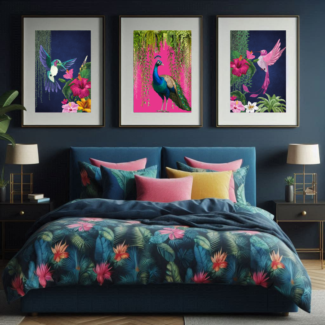 Set of 3 Vibrant Tropical Birds – Maximalist Luxe Wall Art