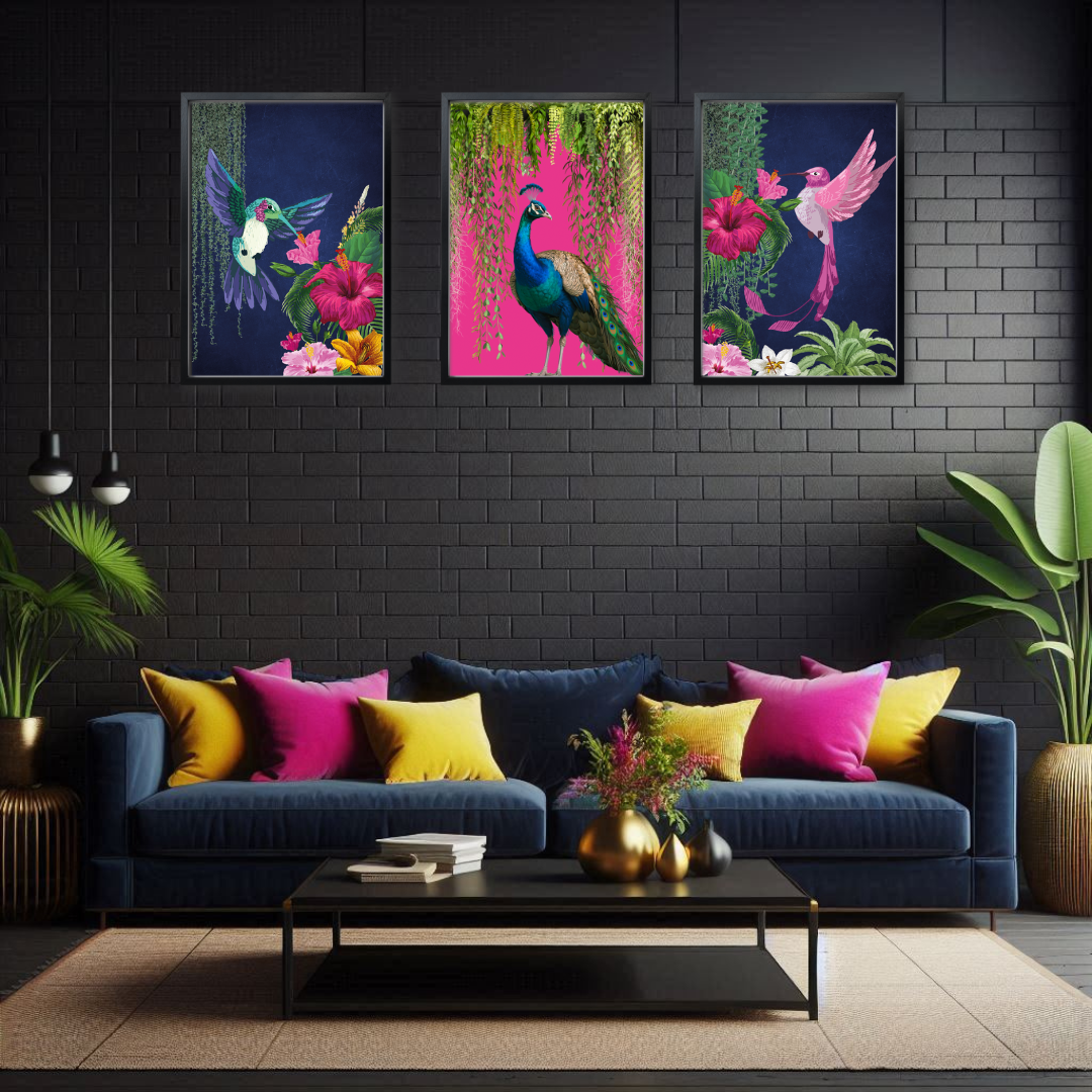 Set of 3 Vibrant Tropical Birds – Maximalist Luxe Wall Art