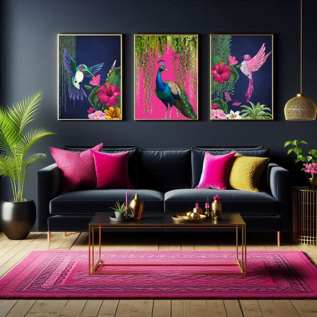Set of 3 Vibrant Tropical Birds – Maximalist Luxe Wall Art