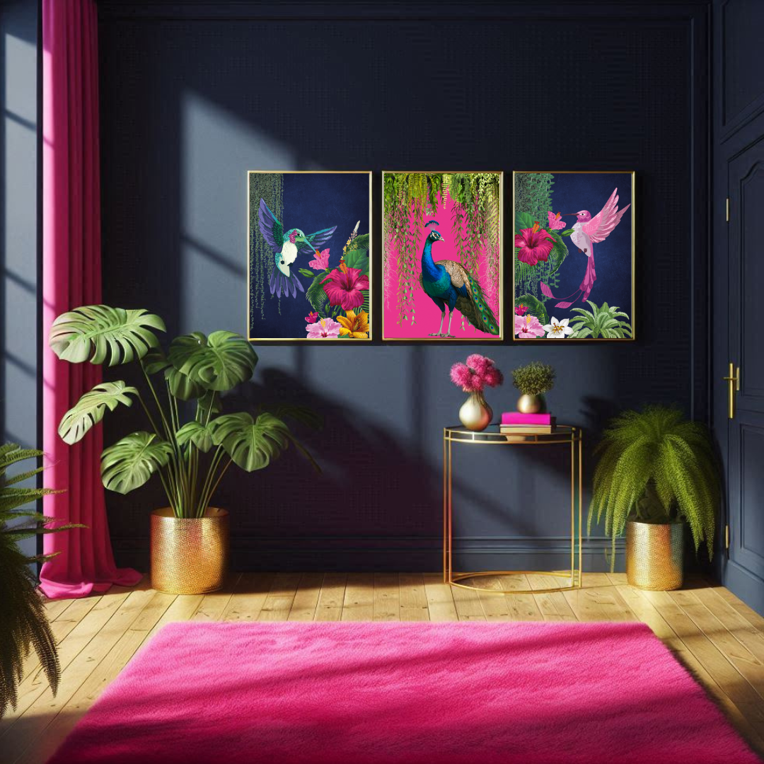 Set of 3 Vibrant Tropical Birds – Maximalist Luxe Wall Art