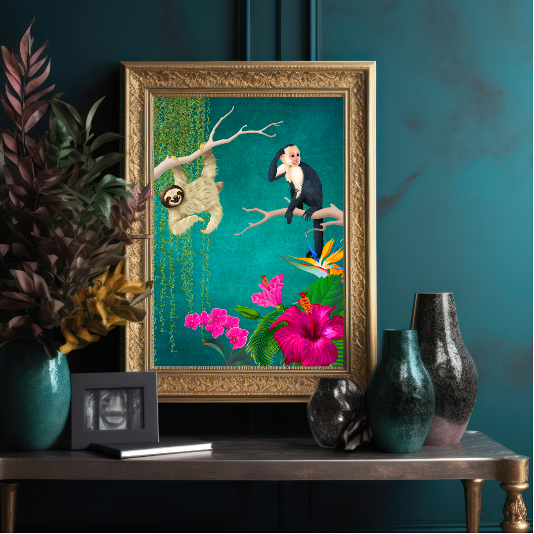 Teal Maximalist Monkey & Sloth Print – Jungle Luxe Elegance