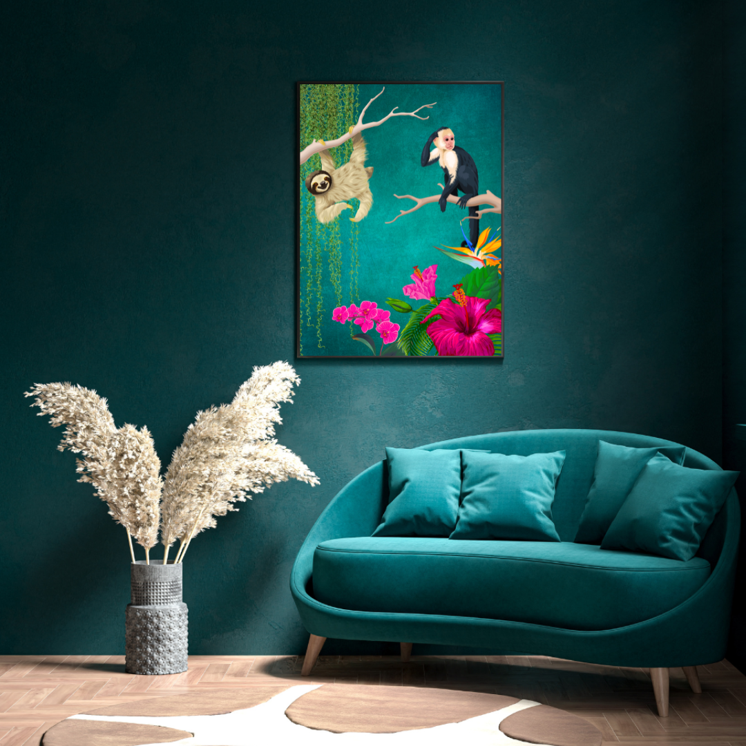 Teal Maximalist Monkey & Sloth Print – Jungle Luxe Elegance