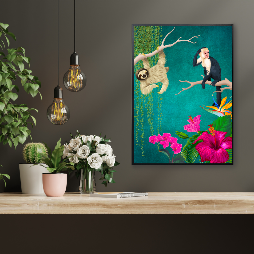 Teal Maximalist Monkey & Sloth Print – Jungle Luxe Elegance
