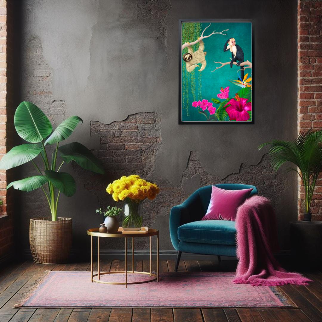 Teal Maximalist Monkey & Sloth Print – Jungle Luxe Elegance