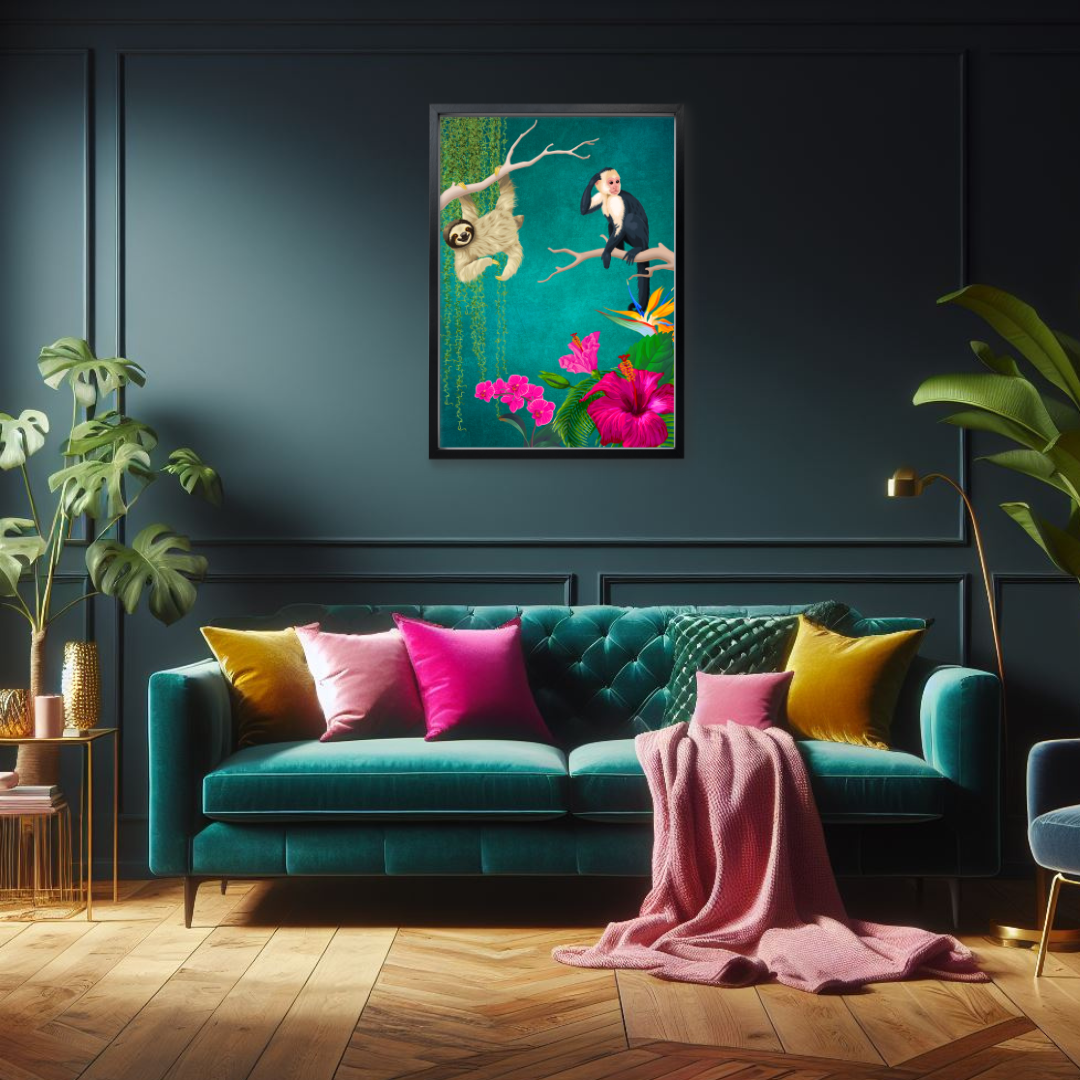 Teal Maximalist Monkey & Sloth Print – Jungle Luxe Elegance