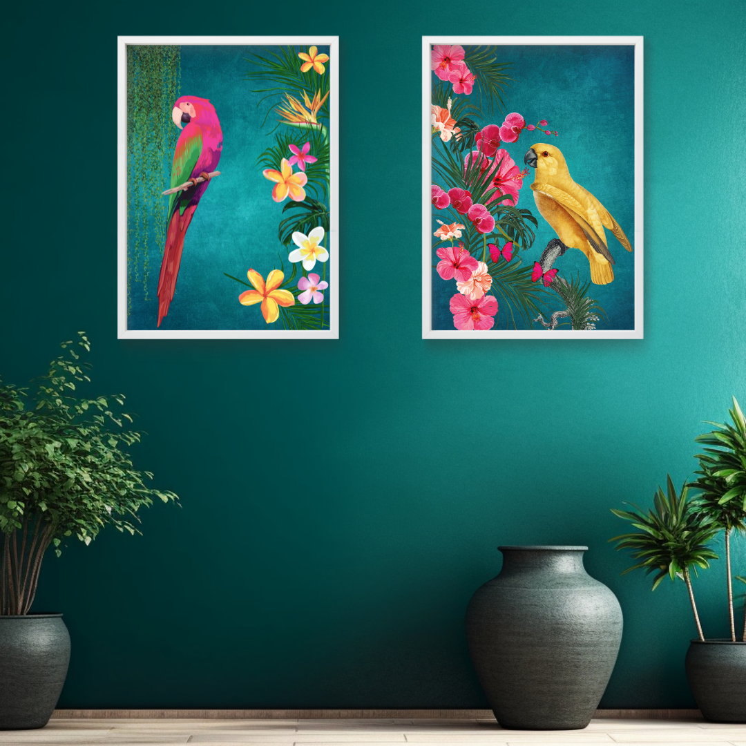 Teal Tropical Bird Print Set of 2 – Luxe Maximalist Elegance