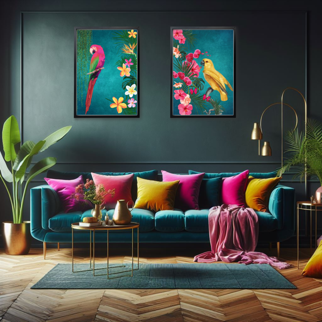 Teal Tropical Bird Print Set of 2 – Luxe Maximalist Elegance