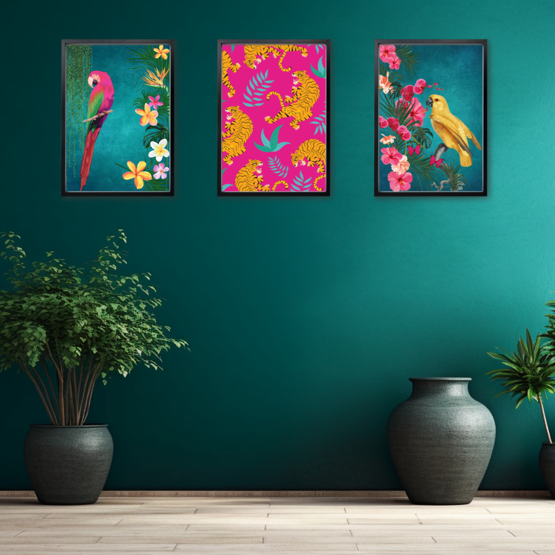 Teal Tropical Birds & Hot Pink Leopards Print Set of 3