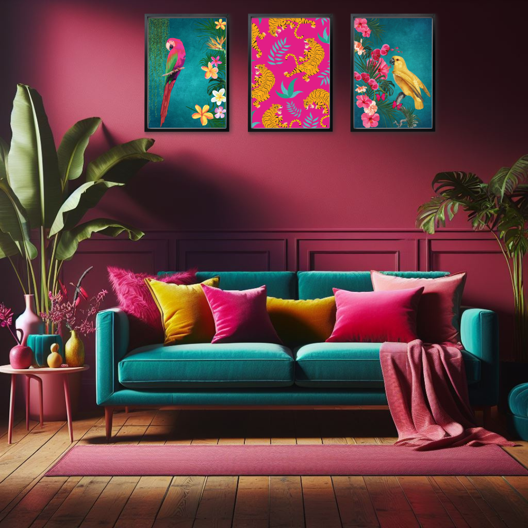 Teal Tropical Birds & Hot Pink Leopards Print Set of 3