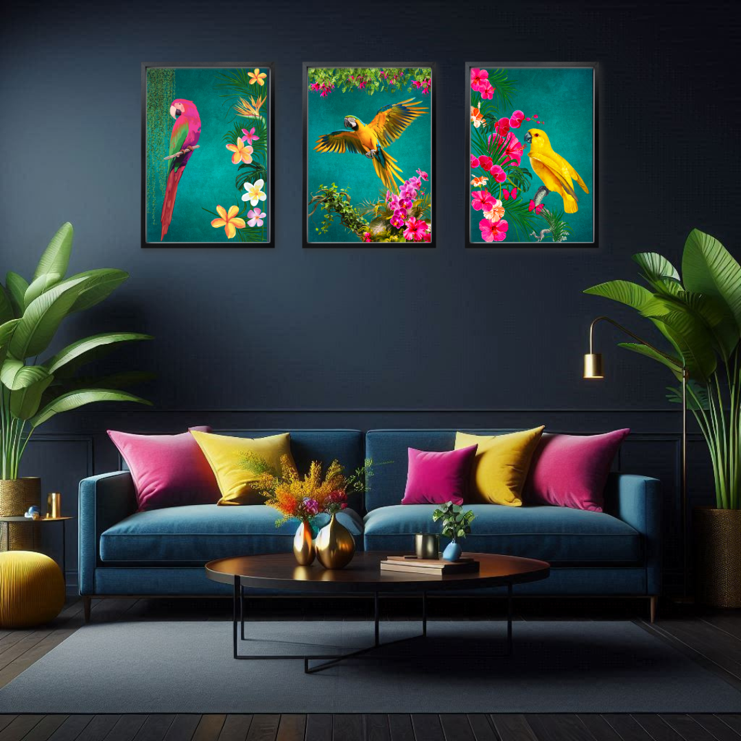 Set of 3 Tropical Birds – Teal Luxe Maximalist Wall Art