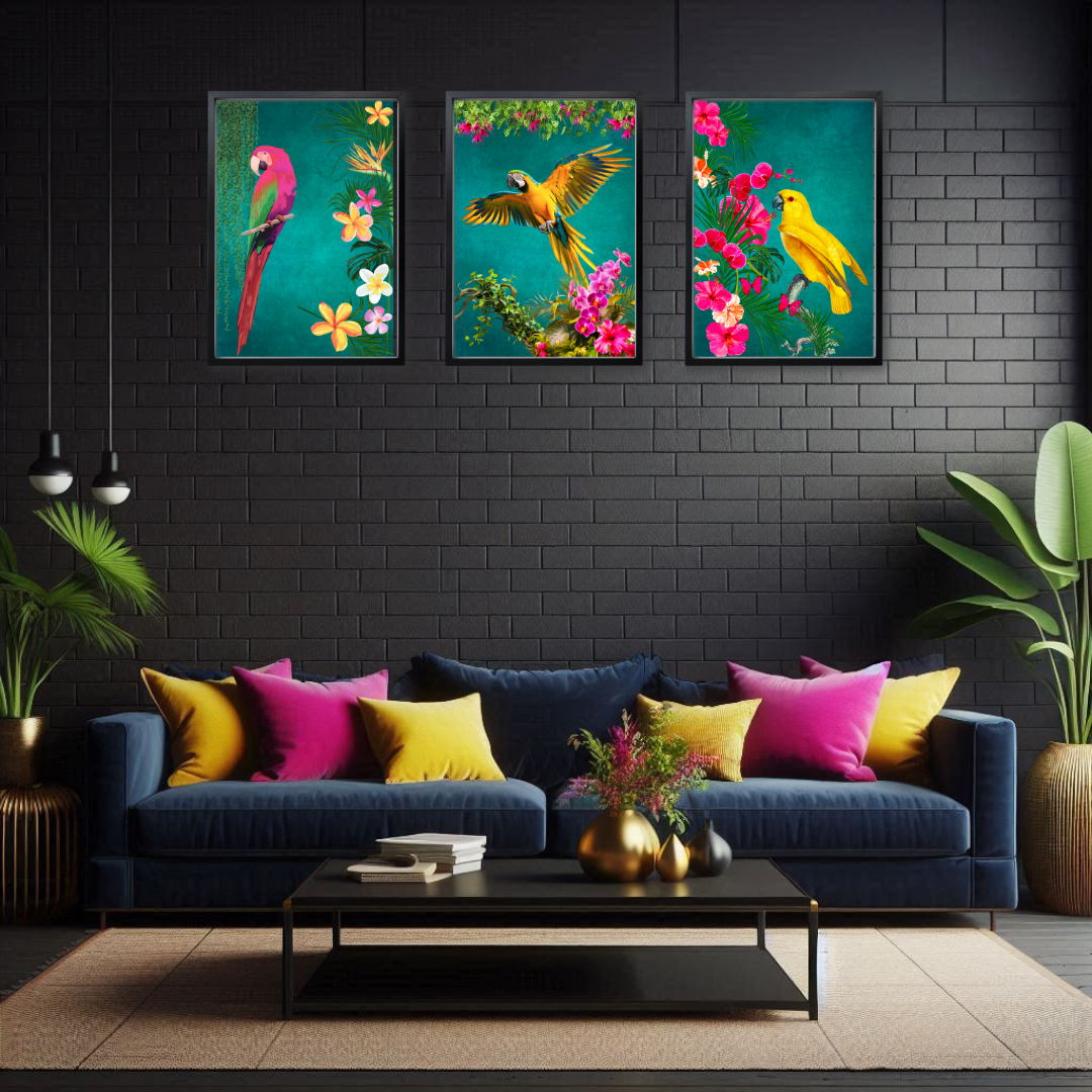 Set of 3 Tropical Birds – Teal Luxe Maximalist Wall Art