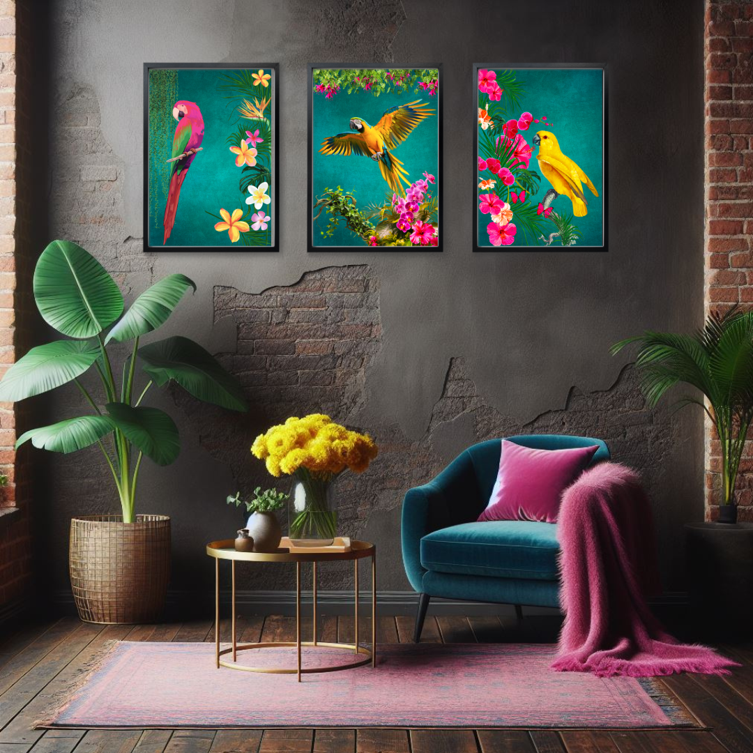 Set of 3 Tropical Birds – Teal Luxe Maximalist Wall Art