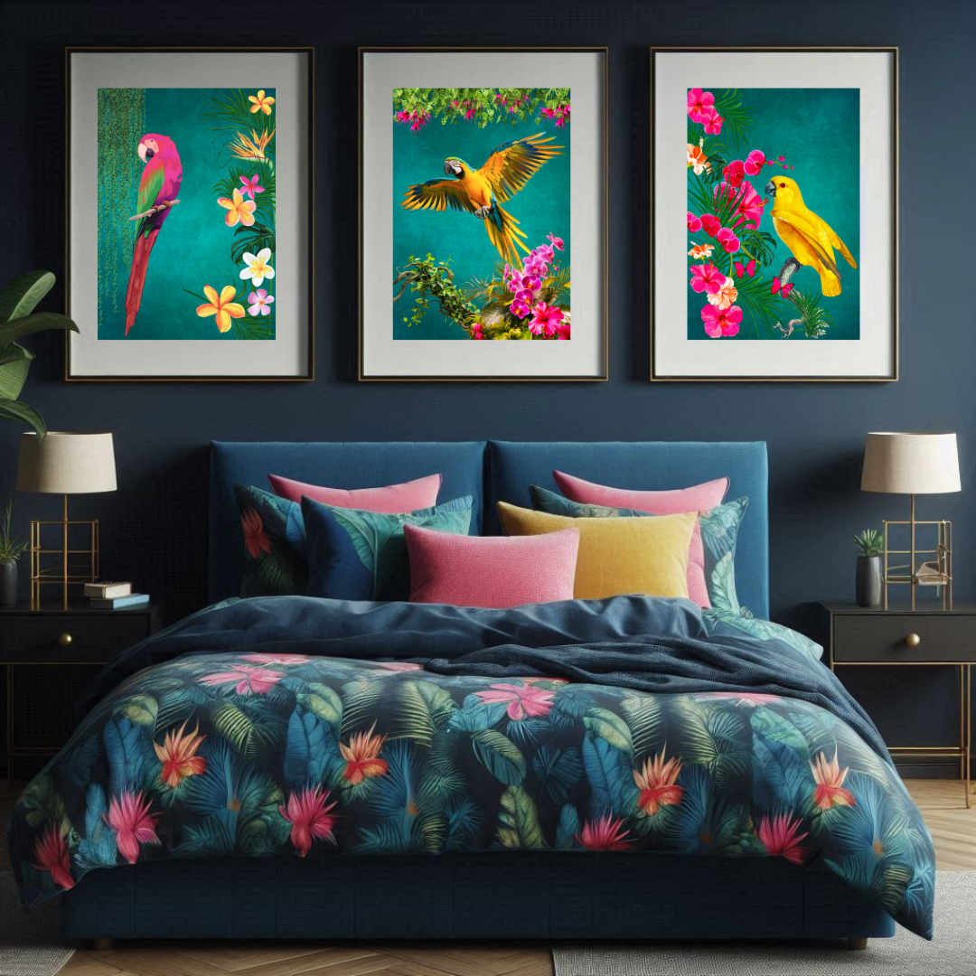 Set of 3 Tropical Birds – Teal Luxe Maximalist Wall Art