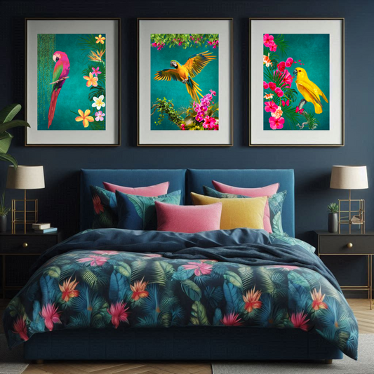 Set of 3 Tropical Birds – Teal Luxe Maximalist Wall Art