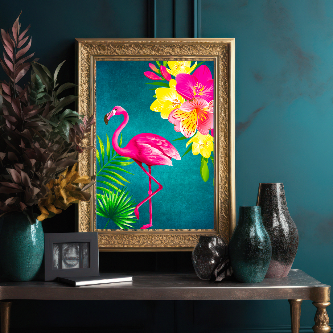 Teal Tropical Flamingo Print – Vibrant Maximalist Elegance