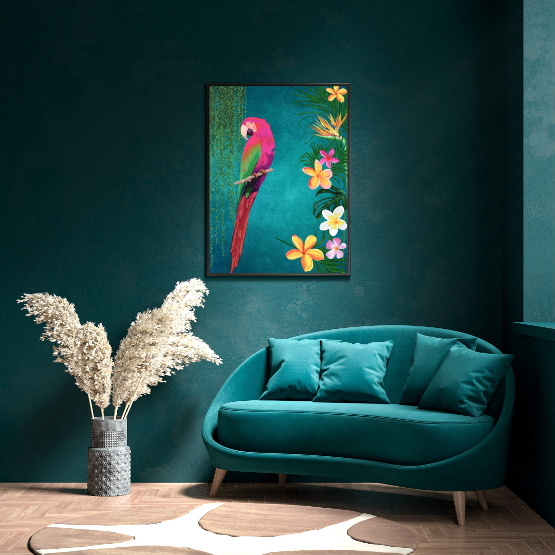 Pink Parrot on Teal – Luxe Tropical Wall Art