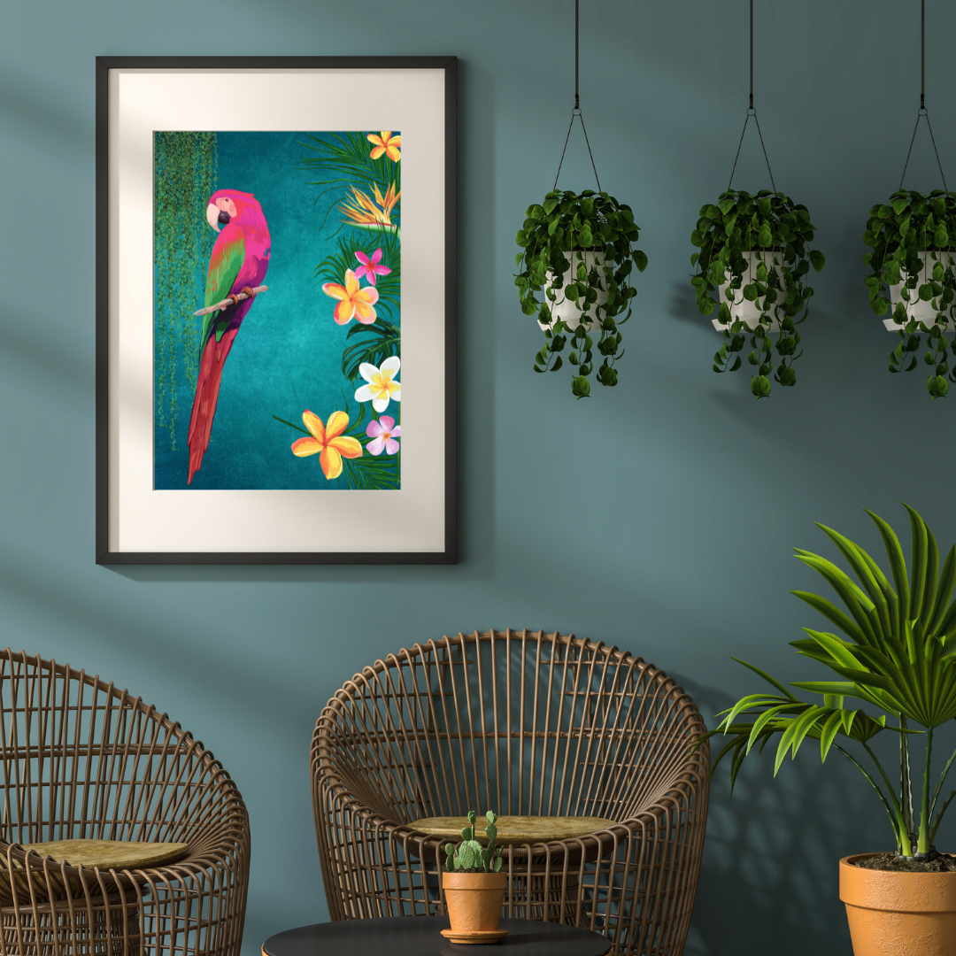 Pink Parrot on Teal – Luxe Tropical Wall Art